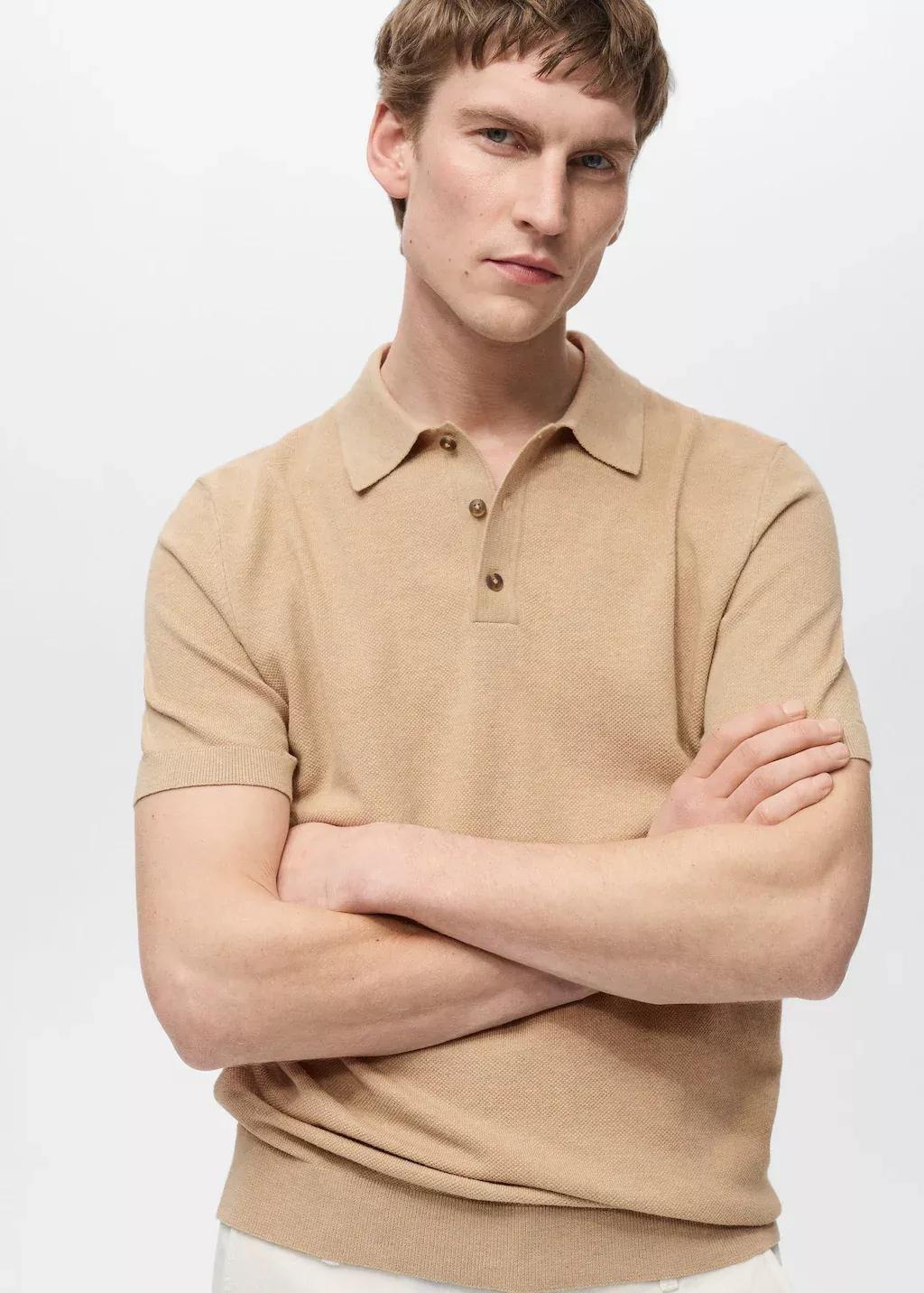 Beige Plain Knit Polo Shirt, , large image number 1