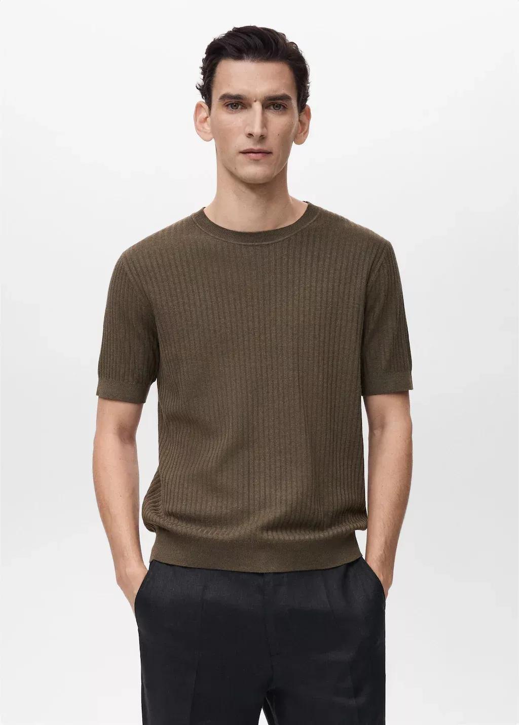 Brown Textured Rib-Knit T-Shirt, , medium