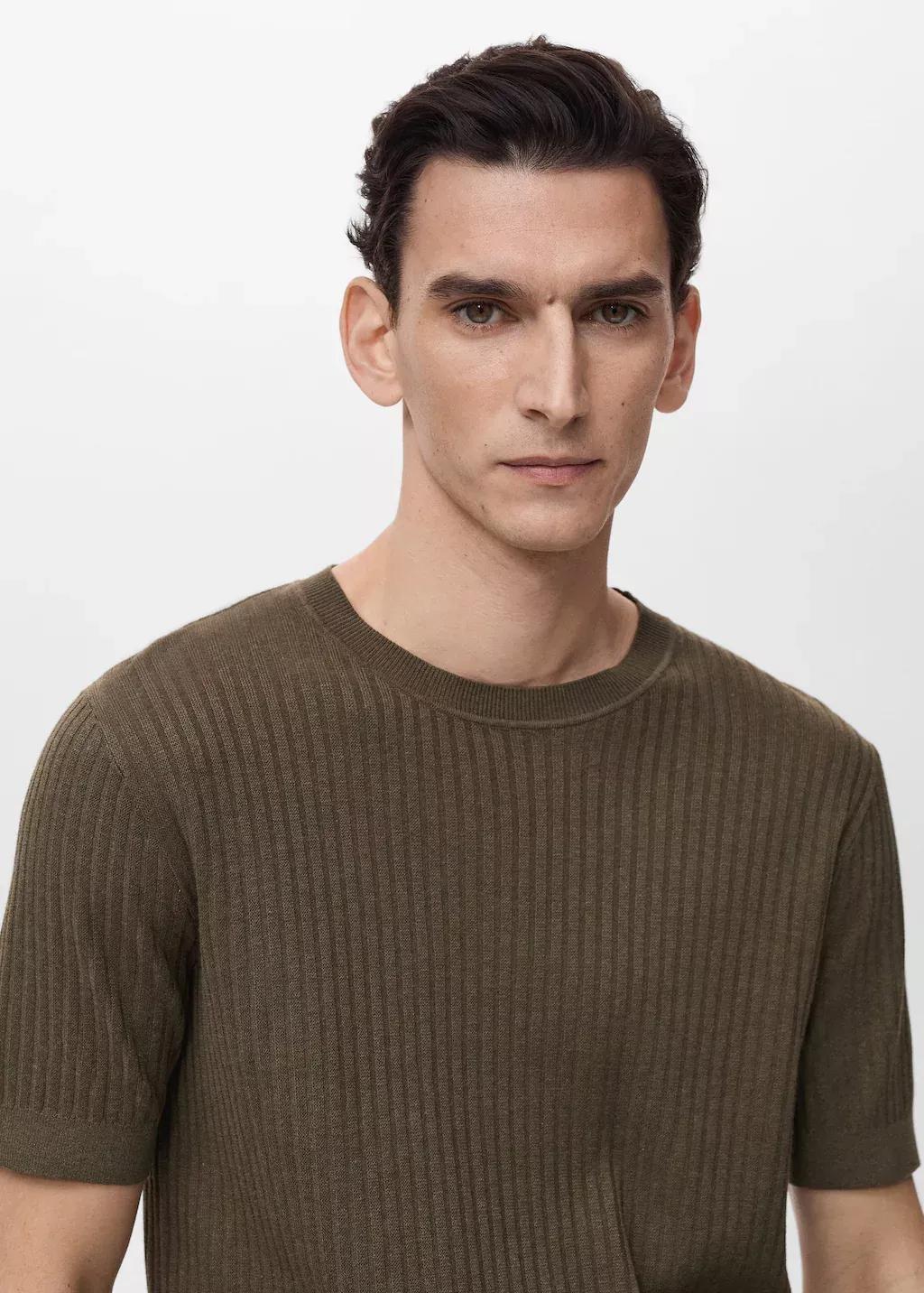 Brown Textured Rib-Knit T-Shirt, , large image number 1