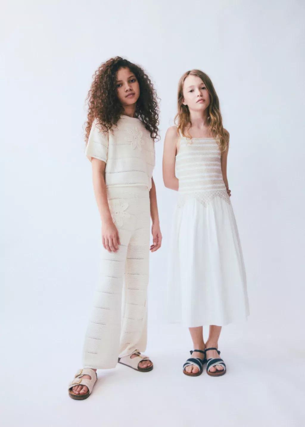 White Knitted Trousers With Crochet Detail, Kids Girl, , large image number 2