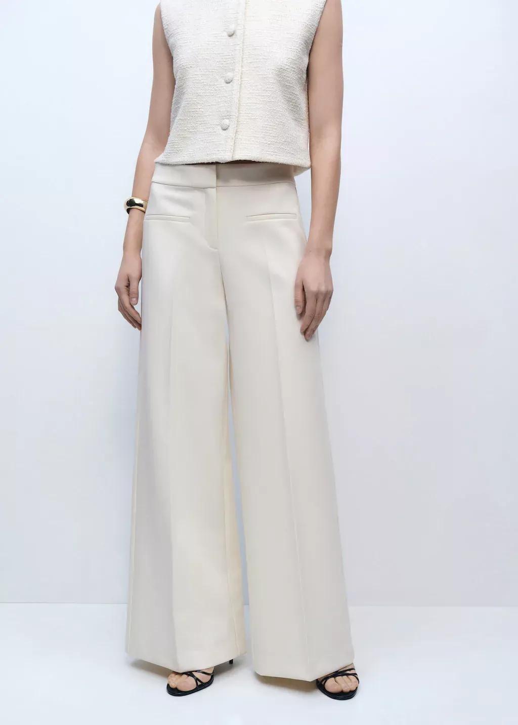 Beige Wideleg Mid-Rise Trousers With Pockets, , large image number 0