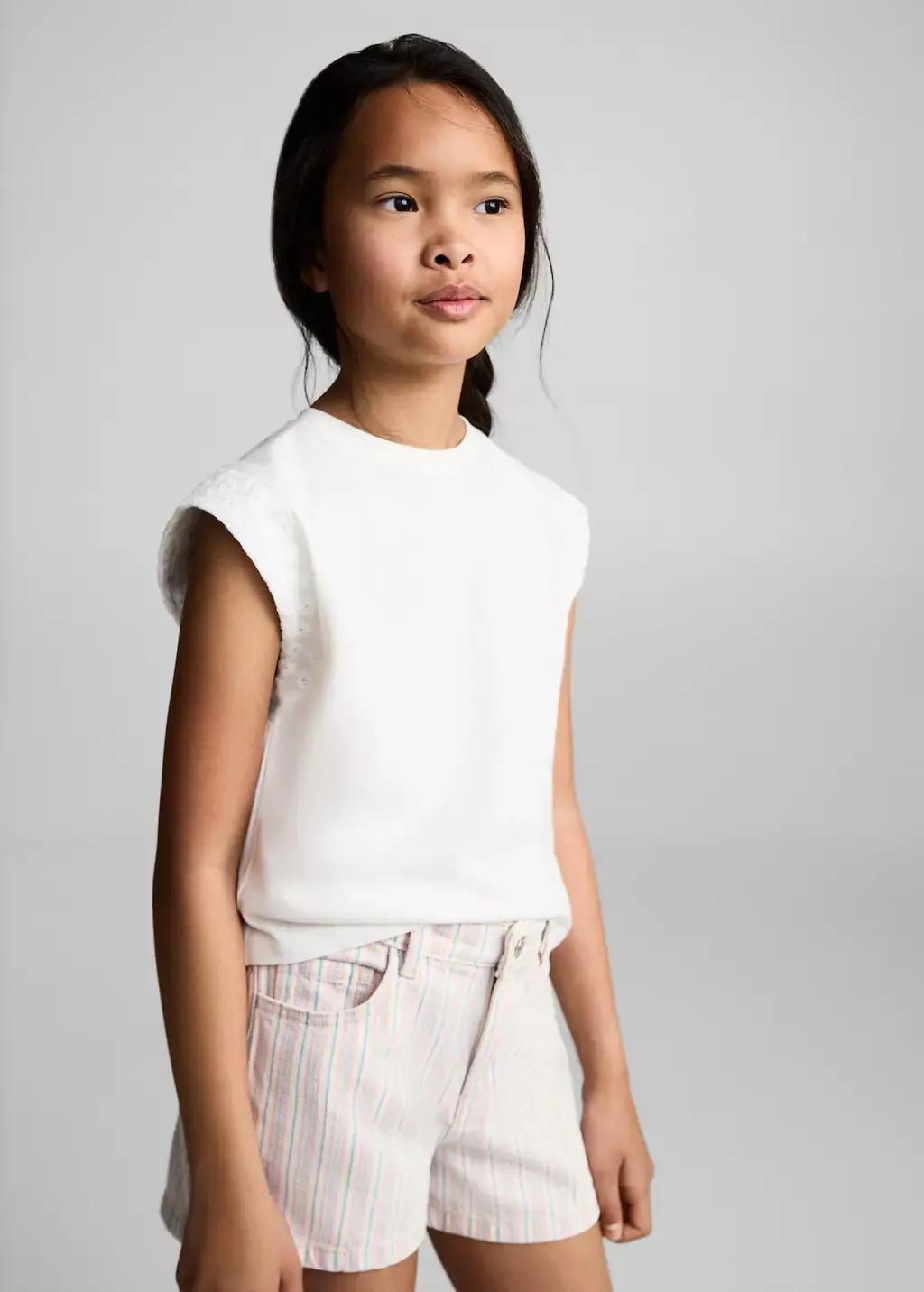 Beige Striped Denim Shorts, Kids Girl, , large image number 1