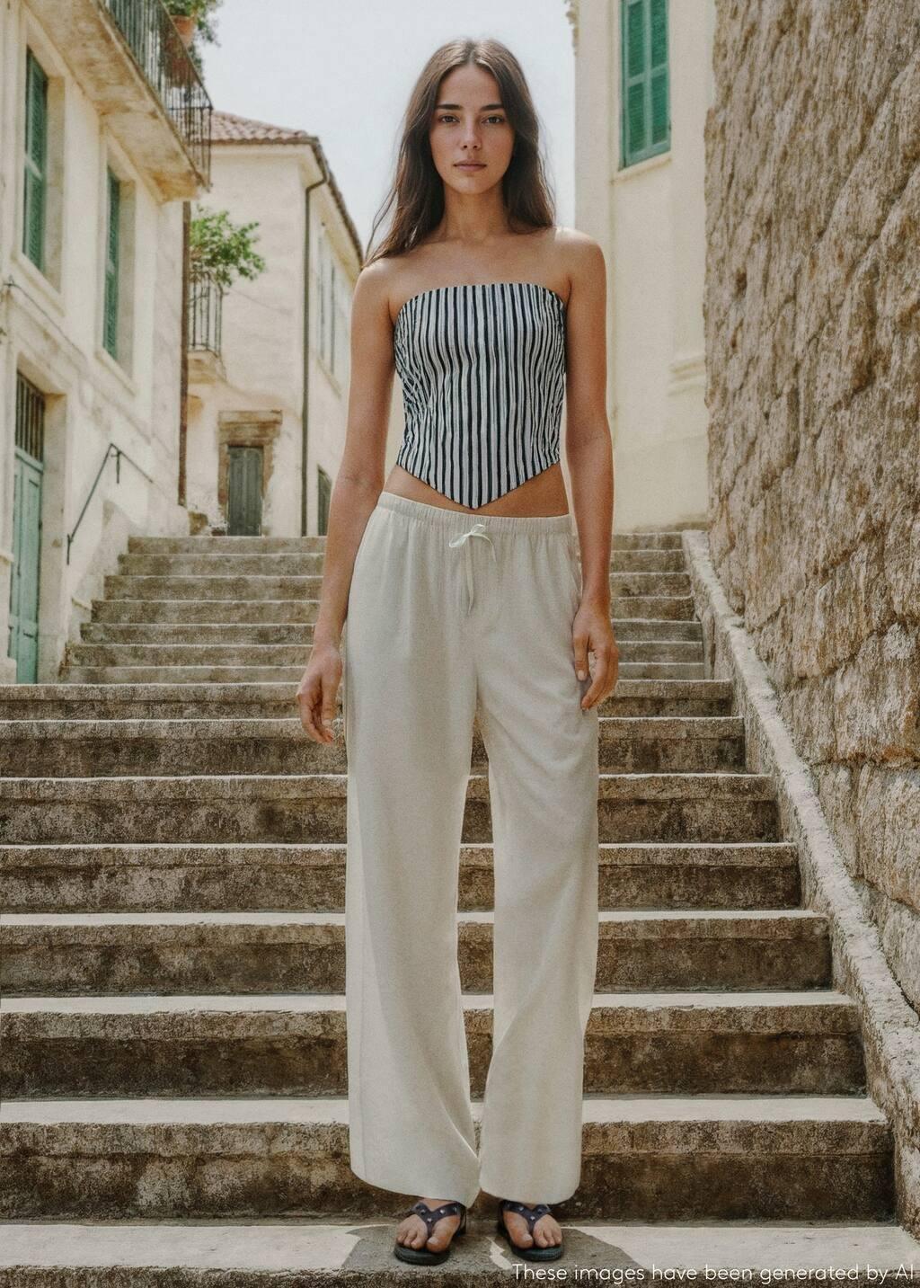 White Straight Linen-Blend Trousers, Kids Girls, , large image number 1