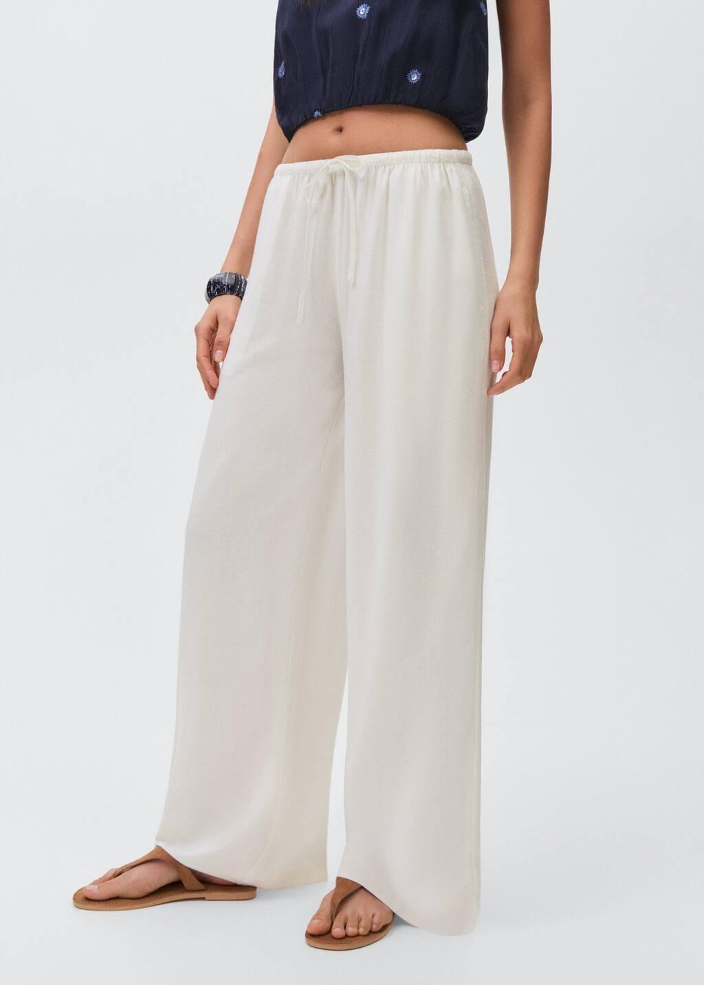 White Straight Linen-Blend Trousers, Kids Girls, , large image number 2