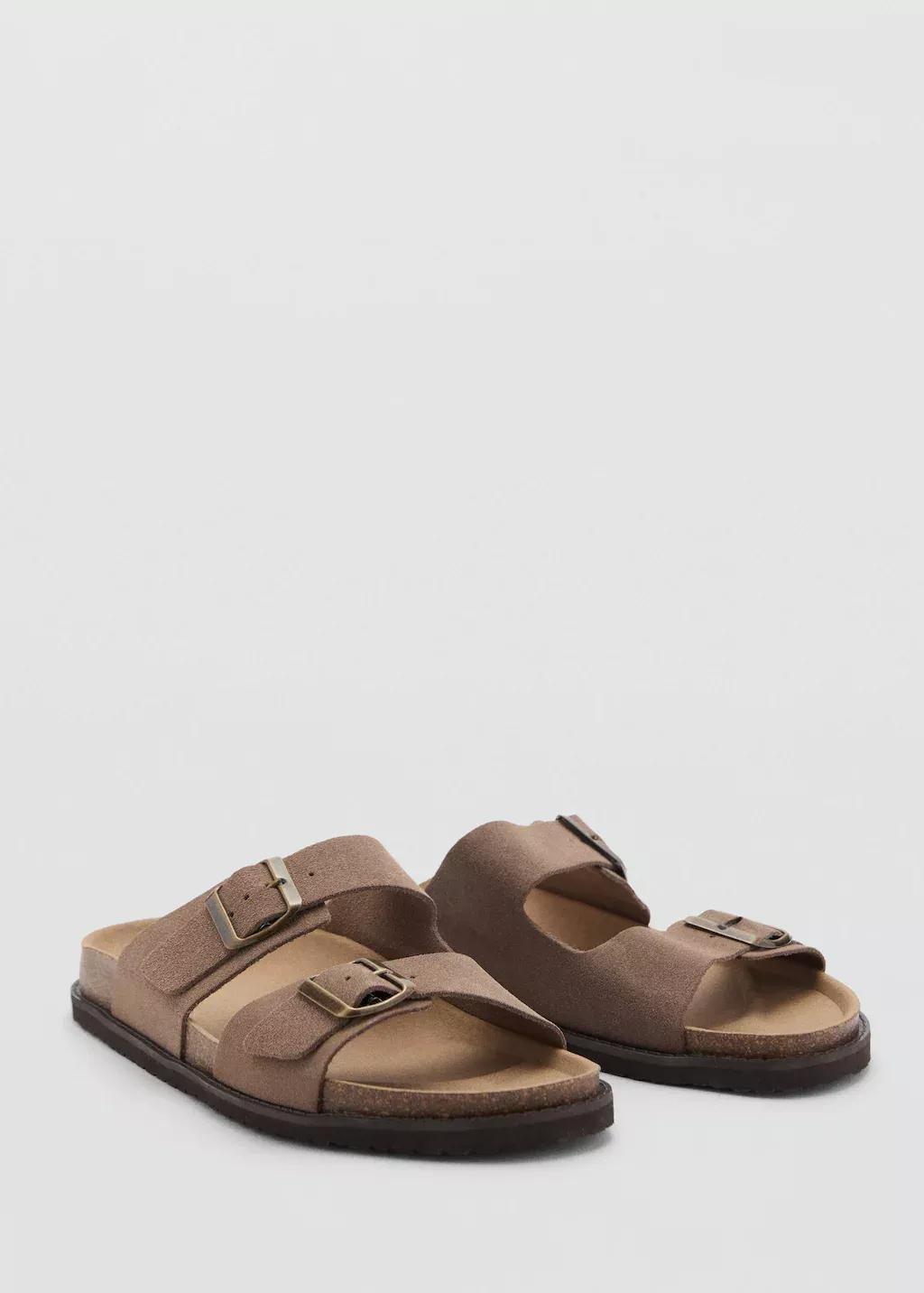 Brown Split Leather Sandals With Buckle, , medium