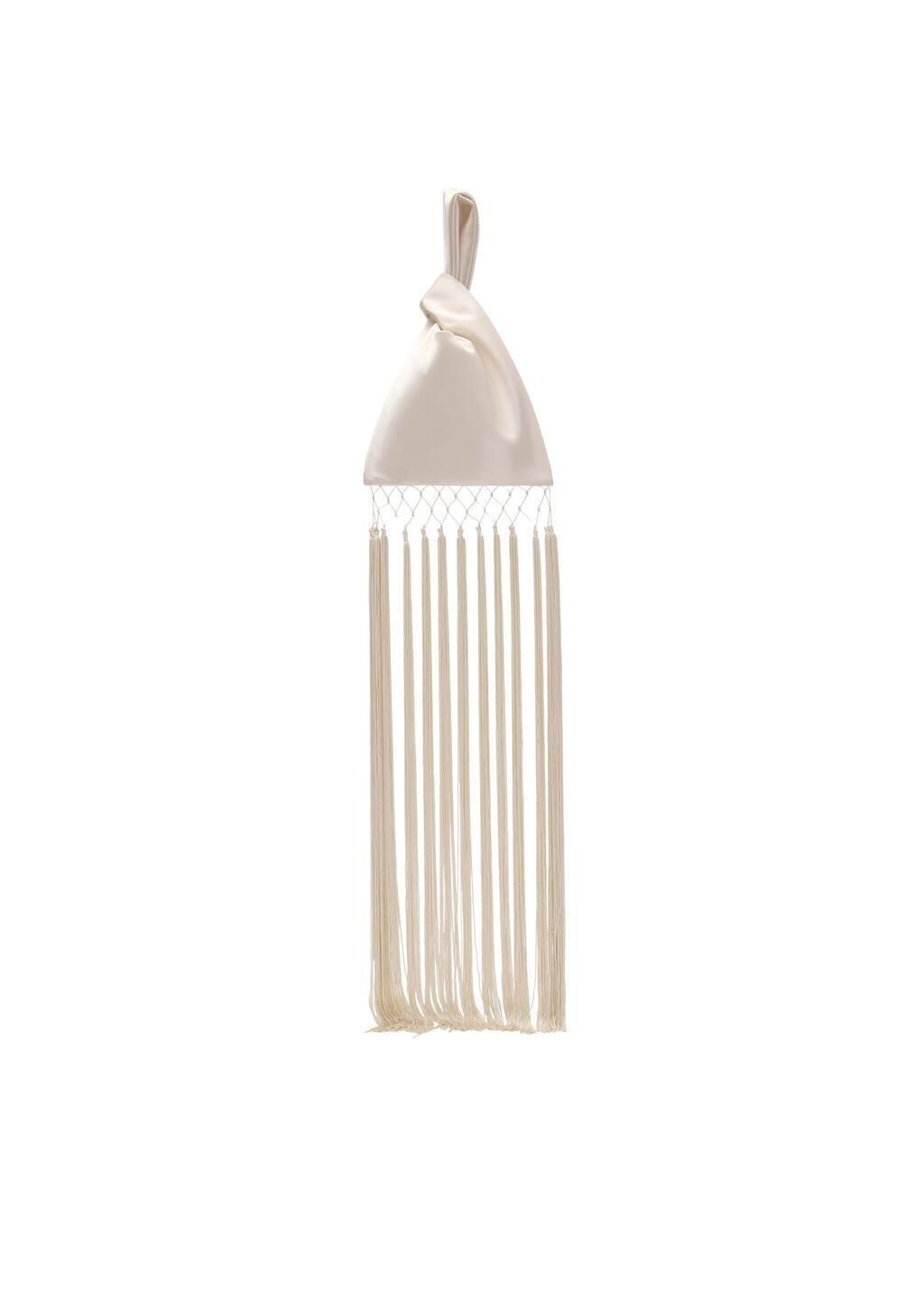 Beige Satin Handbag With Fringe Finish, Light Beige, large image number 2