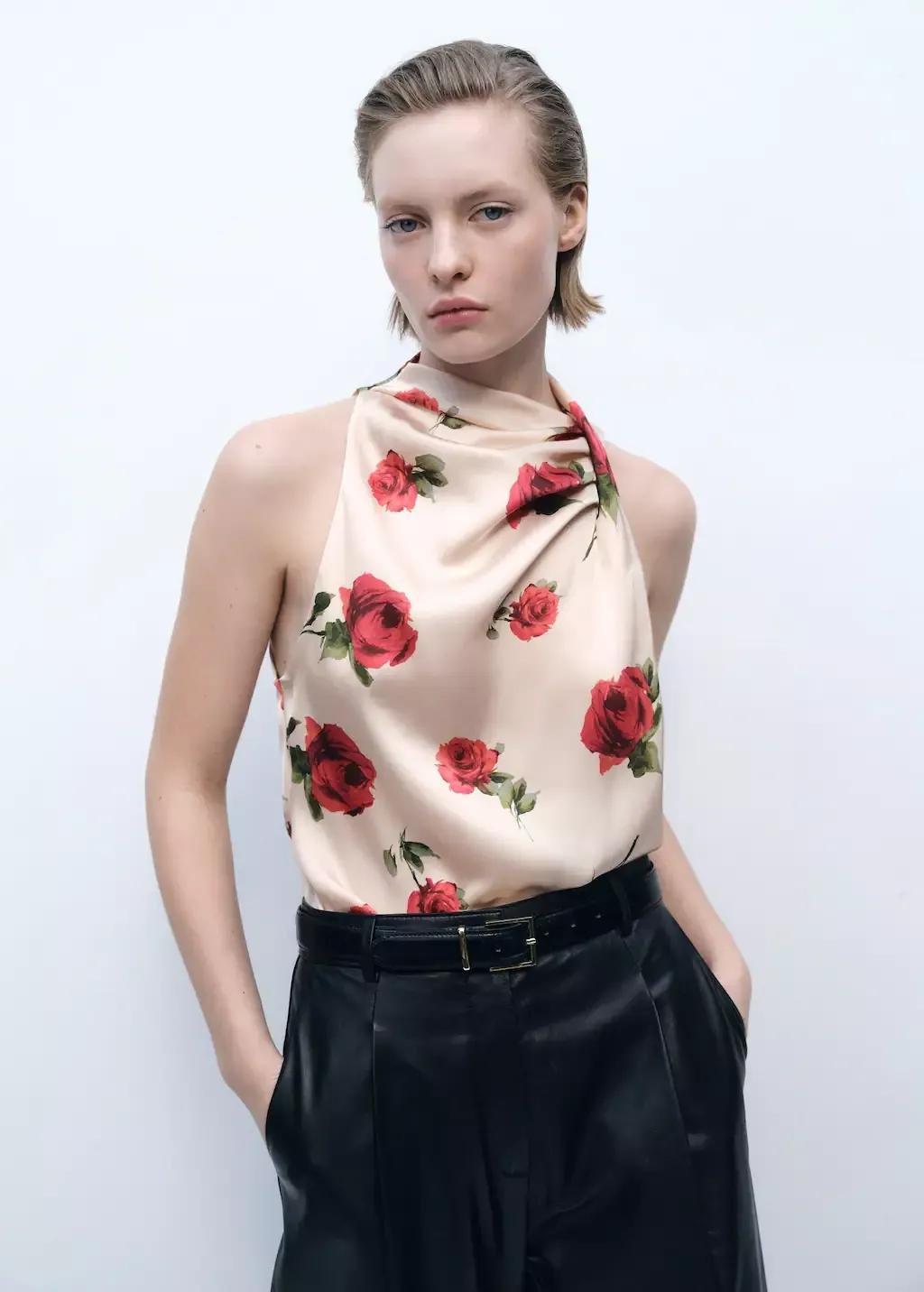 Beige Floral Satin Blouse, , medium