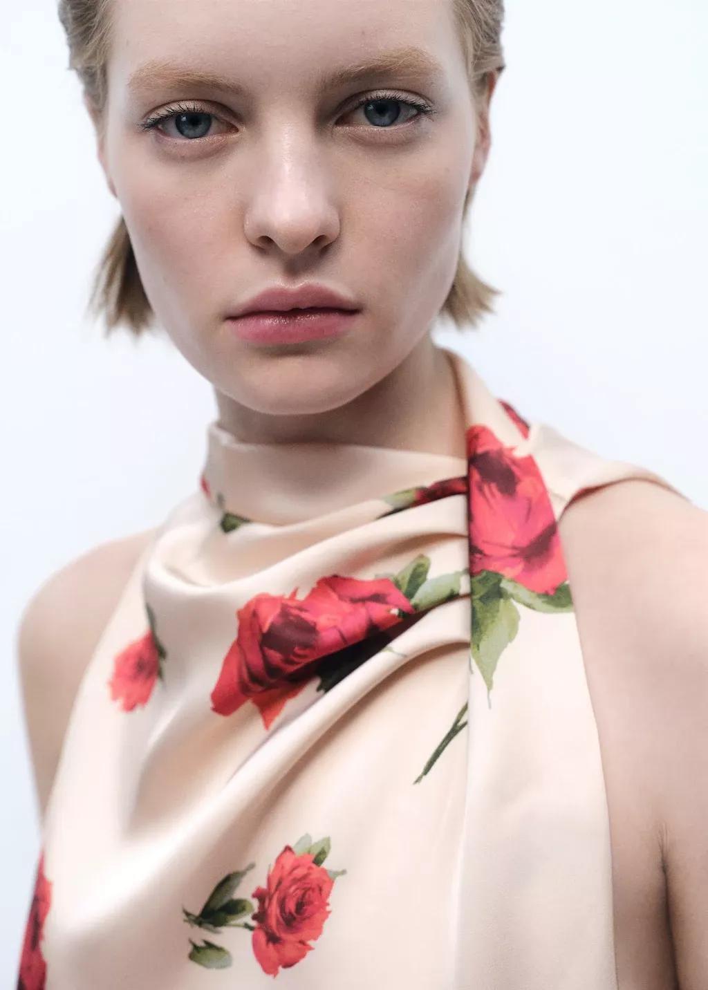 Beige Floral Satin Blouse, , large image number 1
