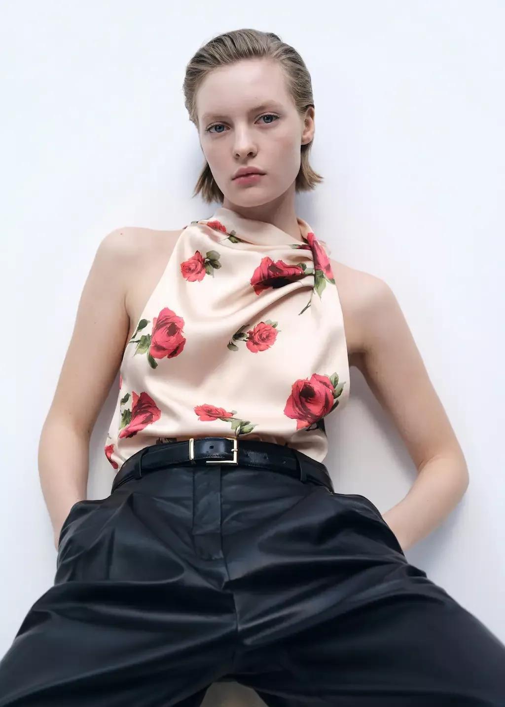 Beige Floral Satin Blouse, , large image number 2