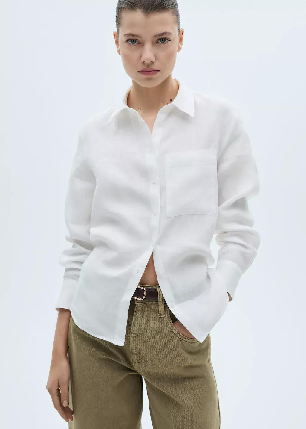 White Pocket Linen Shirt, , large image number 0