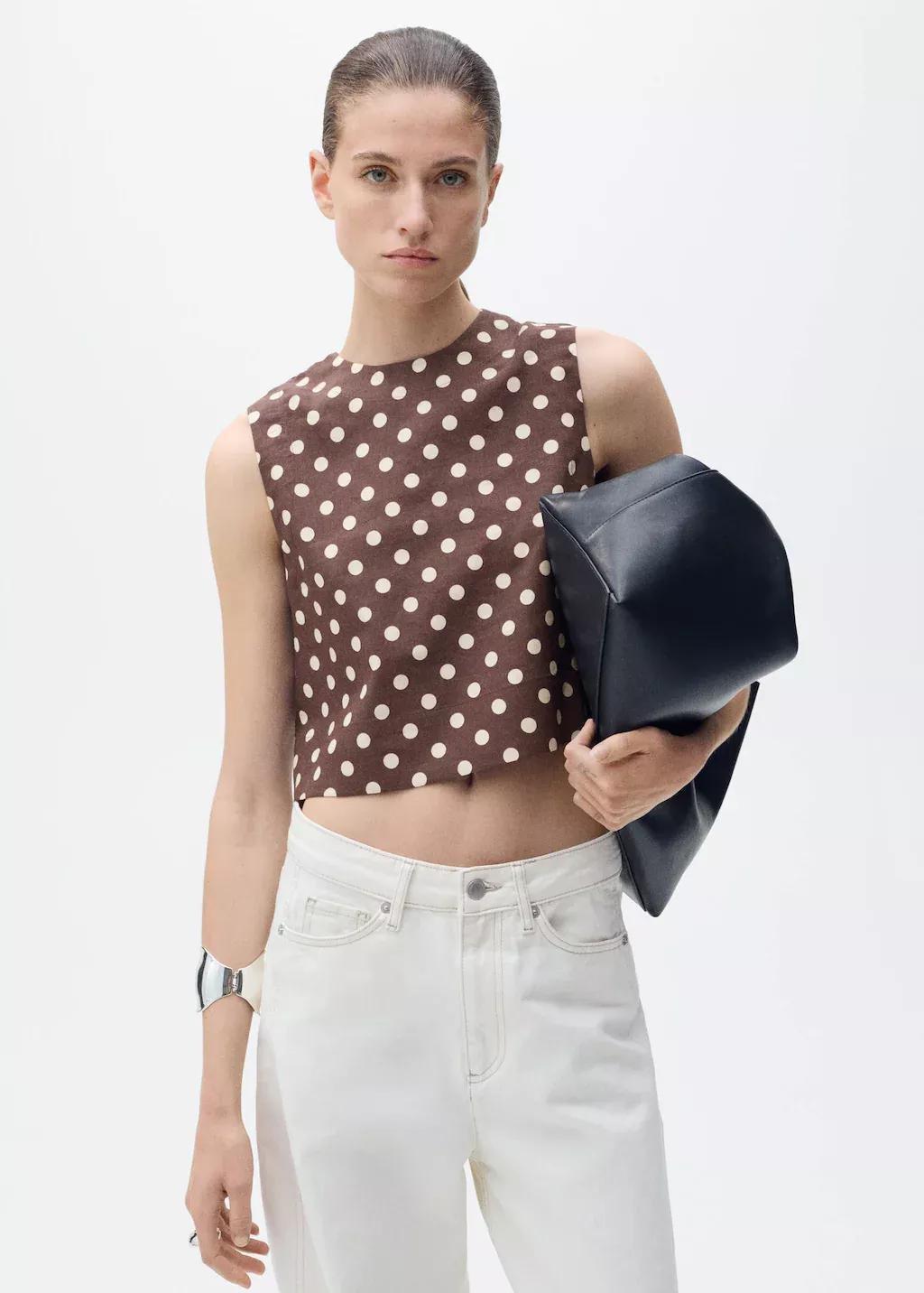 Brown Polka Dot Linen Crop Top, , large image number 0