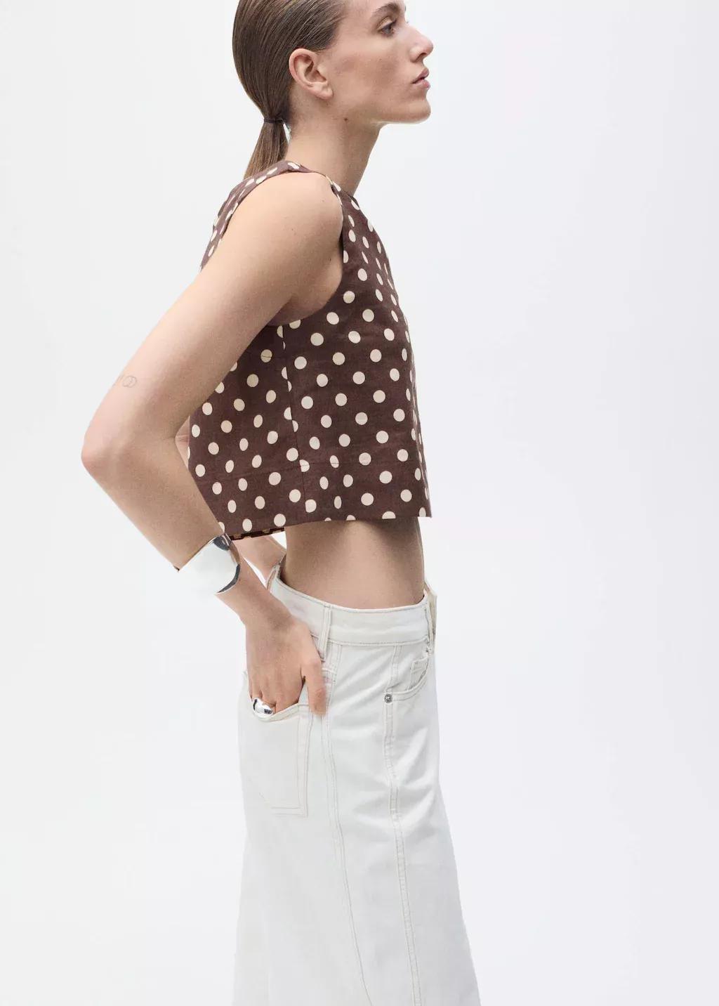 Brown Polka Dot Linen Crop Top, , large image number 2