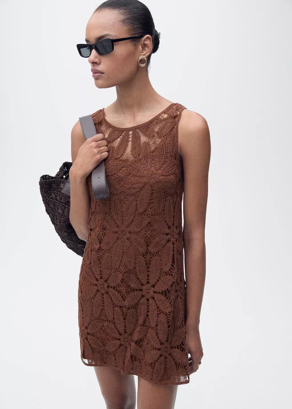 Brown Open Back Crochet Dress, , medium