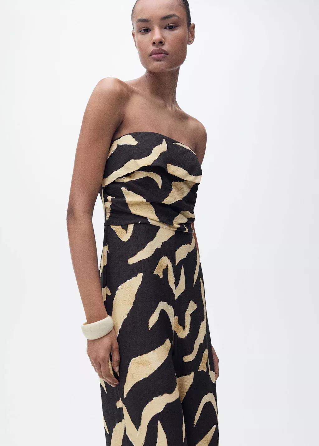 Black Printed Strapless Jumpsuit, , large image number 0