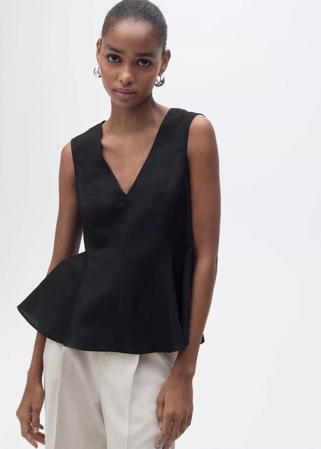 Black Linen-Blend Peplum Top, , large image number 0