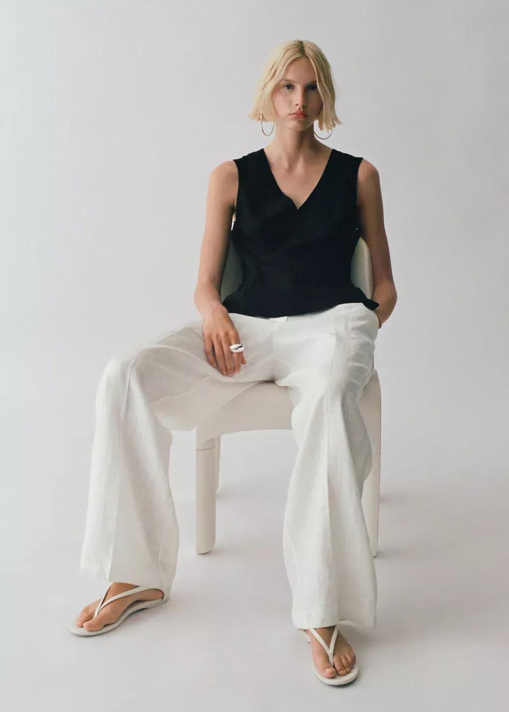 Black Linen-Blend Peplum Top, , large image number 3