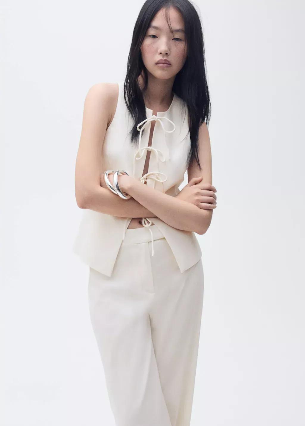 Beige Linen-Blend Top With Bow, , large image number 0