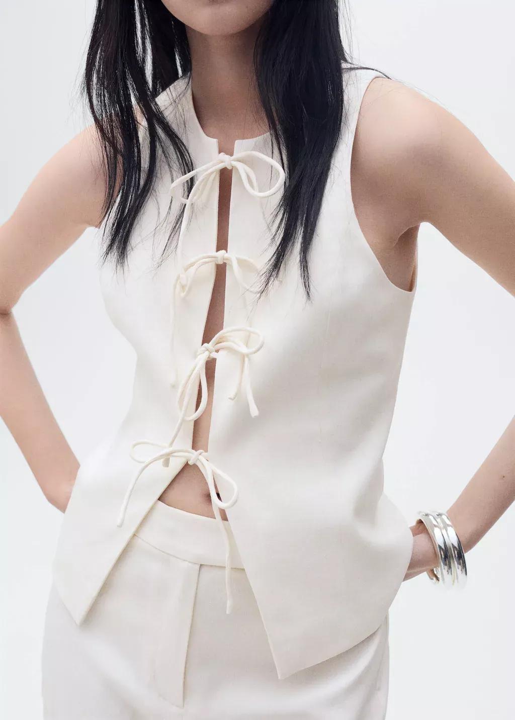 Beige Linen-Blend Top With Bow, , large image number 2