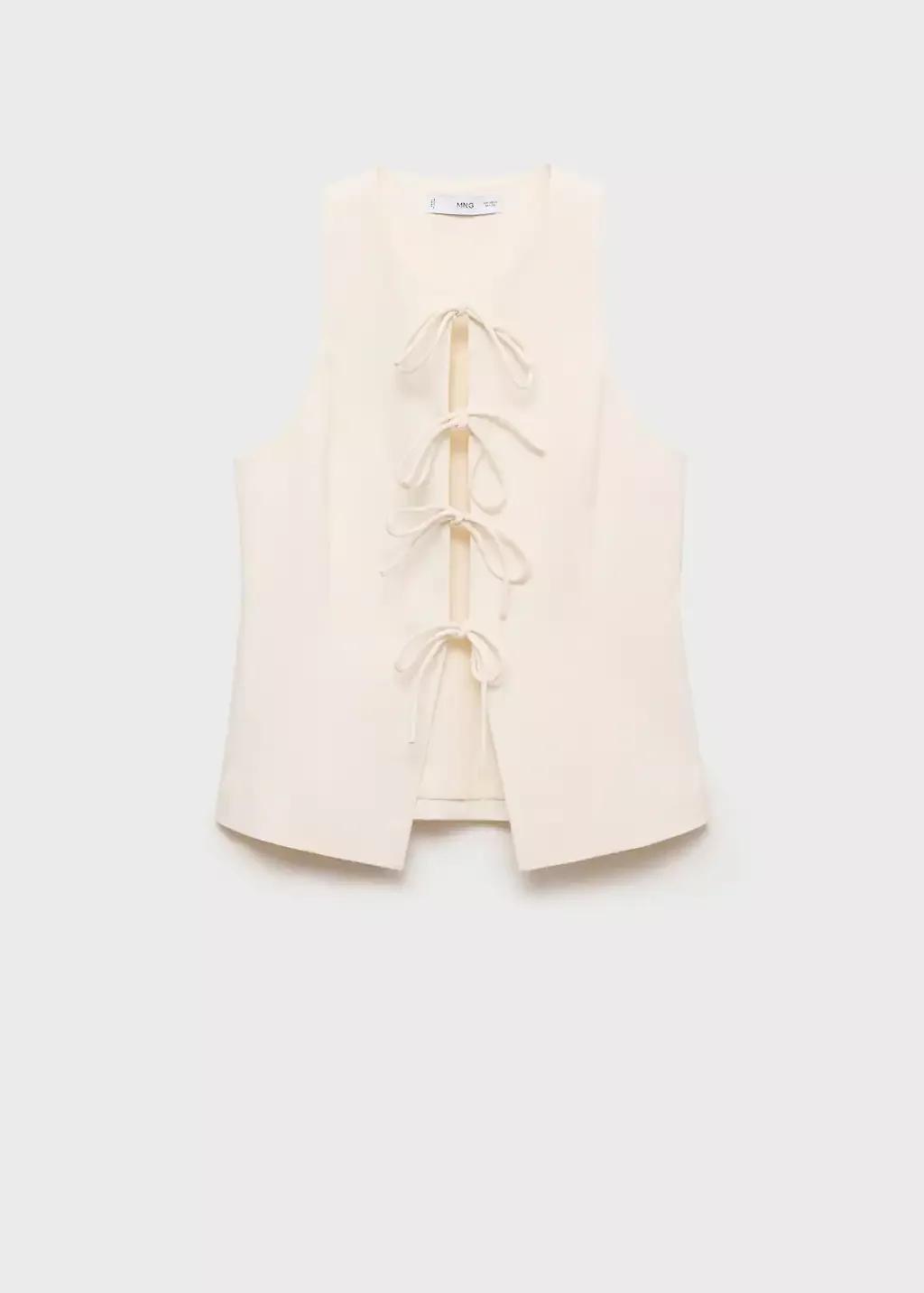 Beige Linen-Blend Top With Bow, , large image number 3