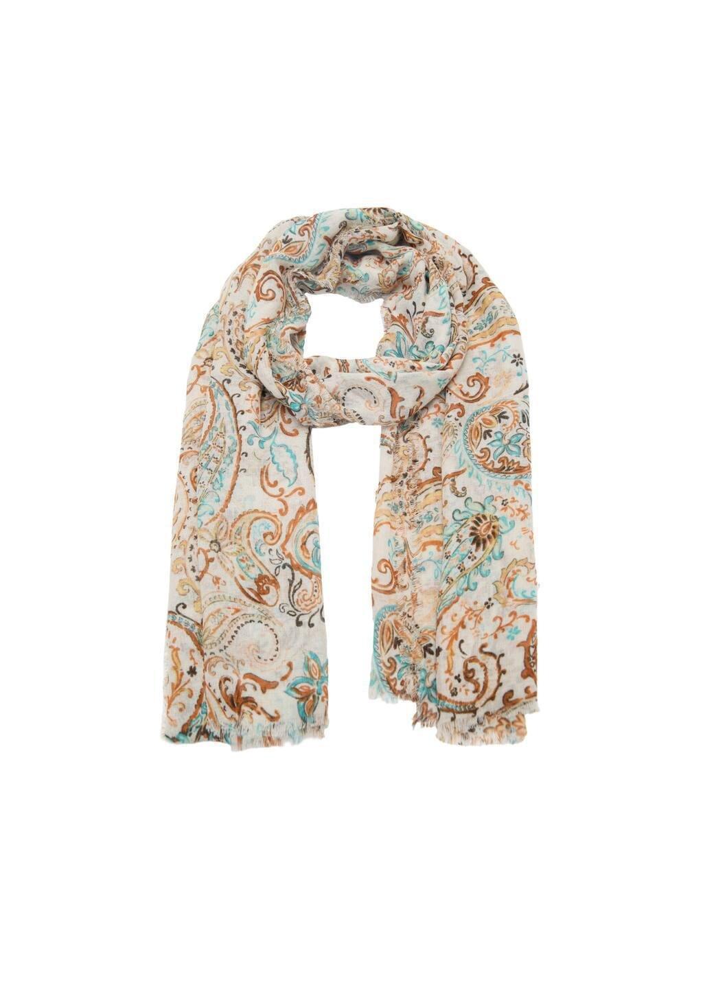 Beige Linen-Blend Paisley Scarf, Light Beige, large image number 1