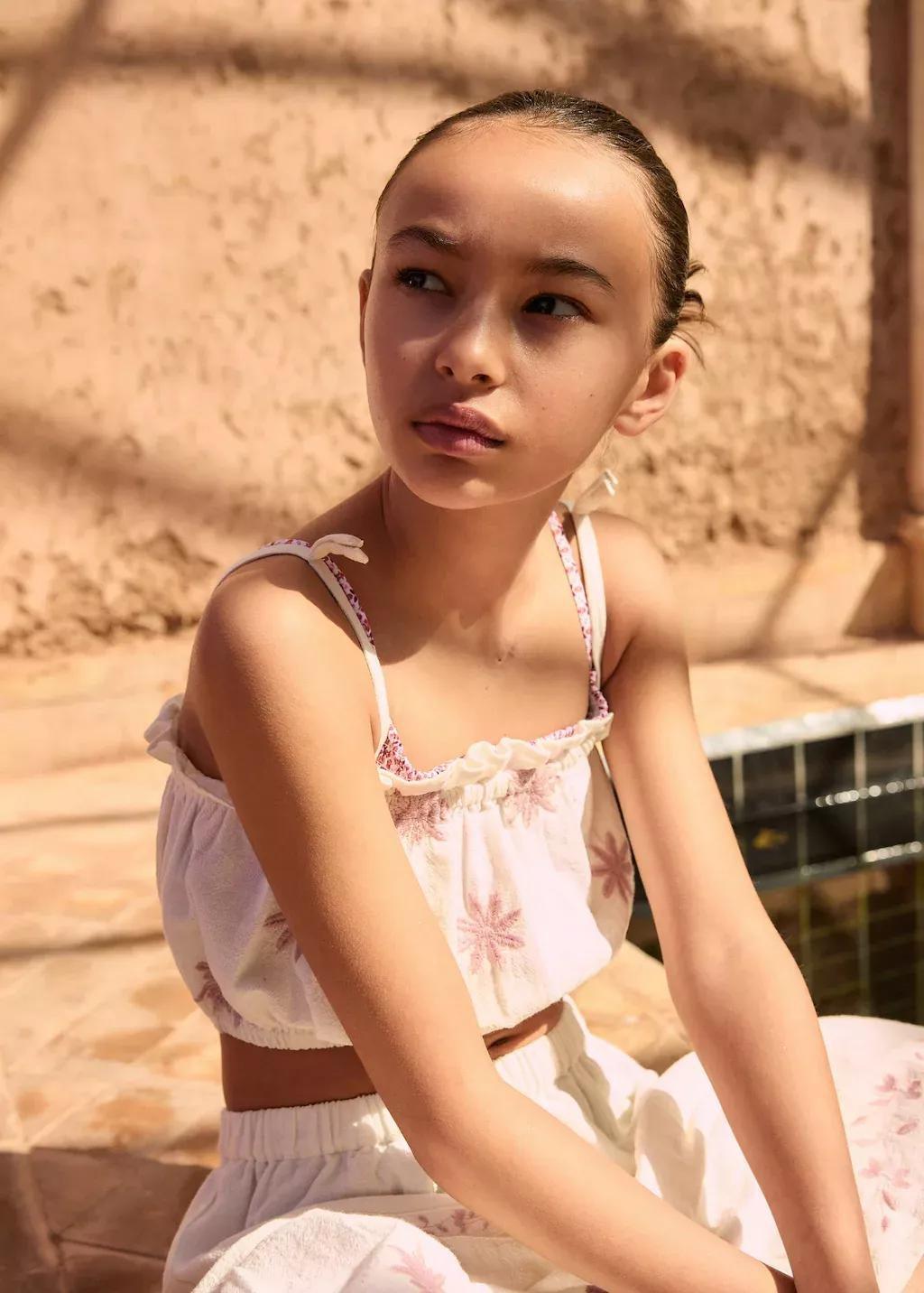 Beige Embroidered Crop Top, Kids Girl, , large image number 4