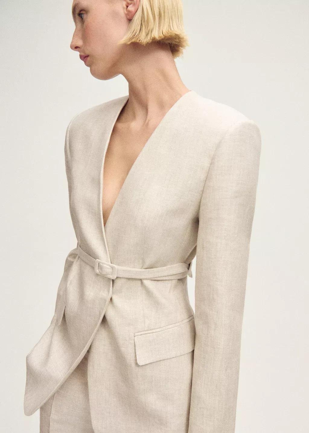 Grey Lt Pastel Linen Suit Jacket With Belt, , large image number 0