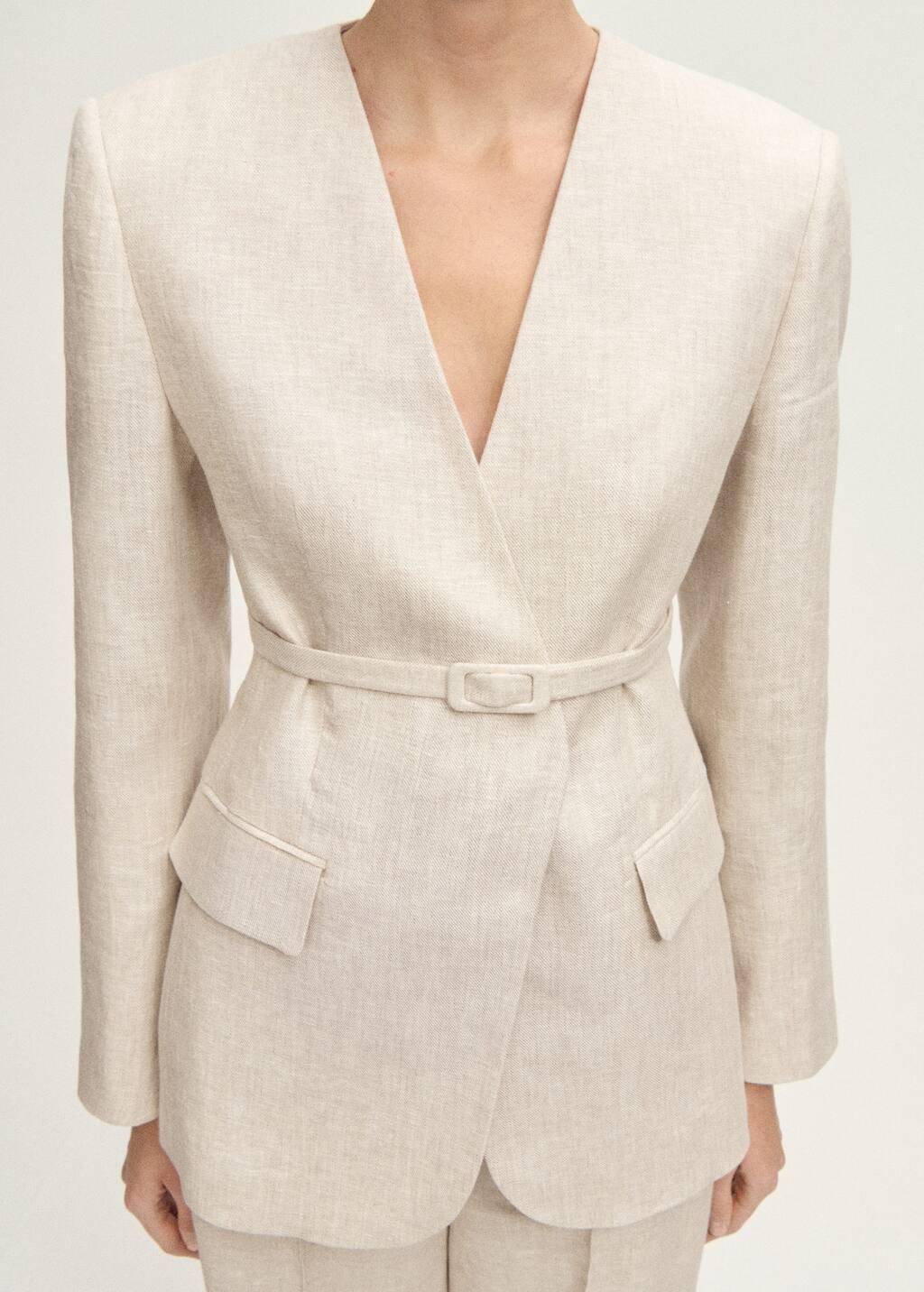 Grey Lt Pastel Linen Suit Jacket With Belt, , large image number 1