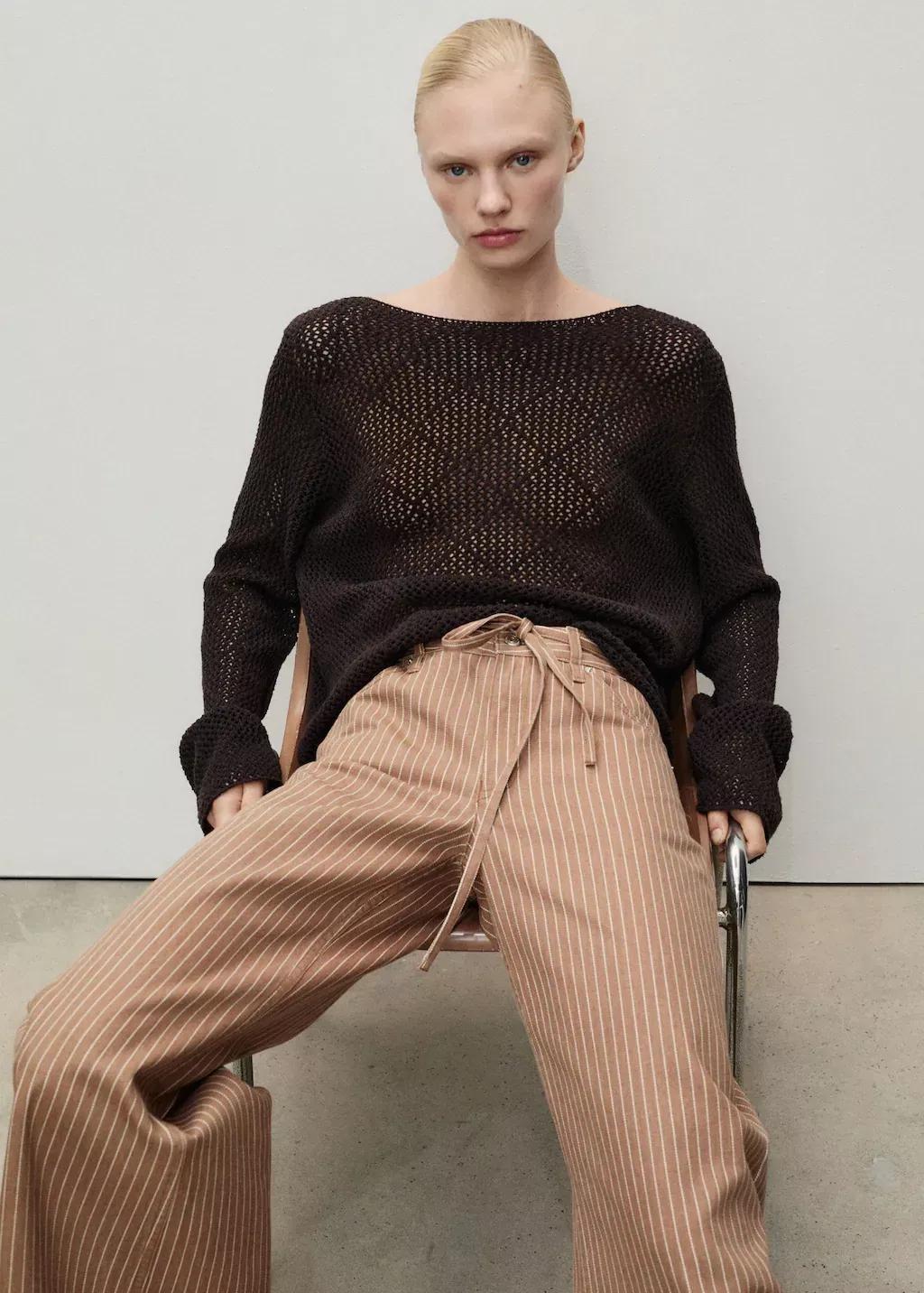 Brown Wideleg Jeans With Stripes And Belt, , large image number 1