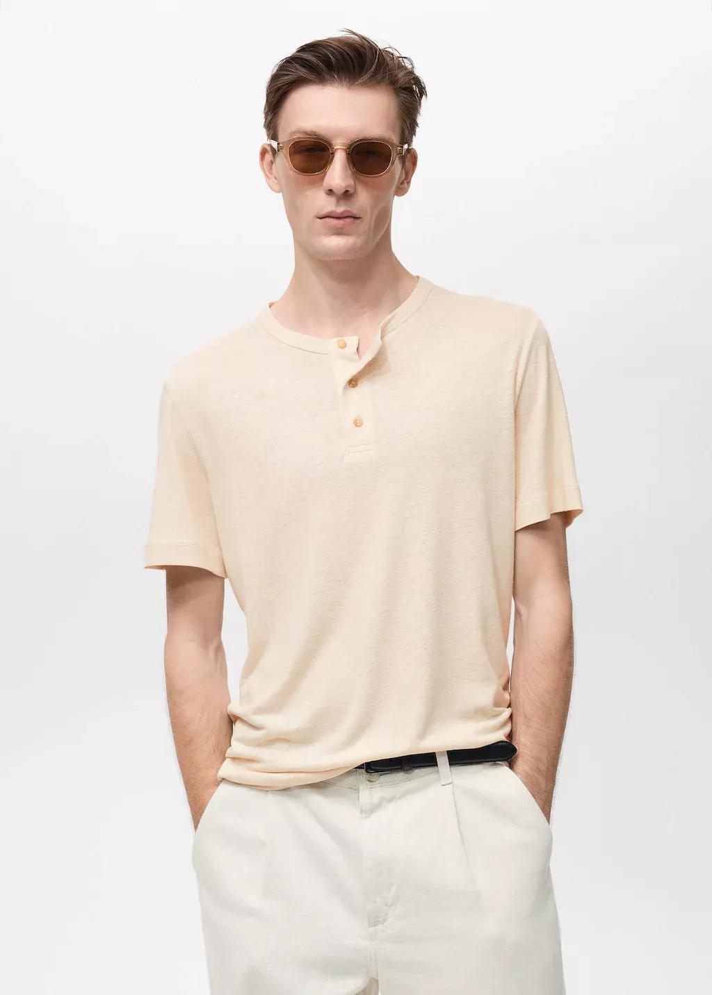 Beige Button Linen Blend T-Shirt, , large image number 0