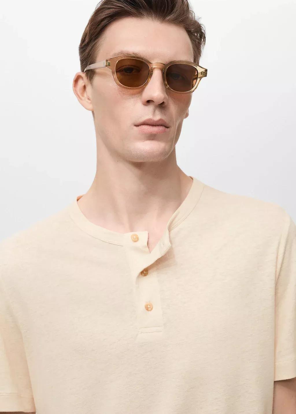 Beige Button Linen Blend T-Shirt, , large image number 1