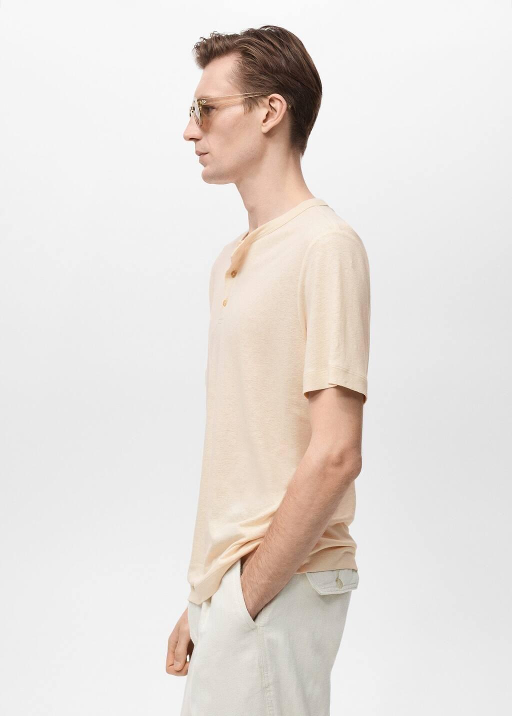 Beige Button Linen Blend T-Shirt, , large image number 2