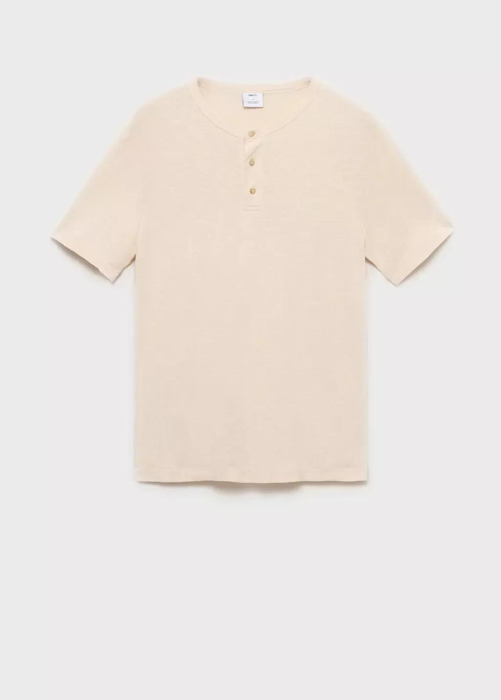 Beige Button Linen Blend T-Shirt, , large image number 3