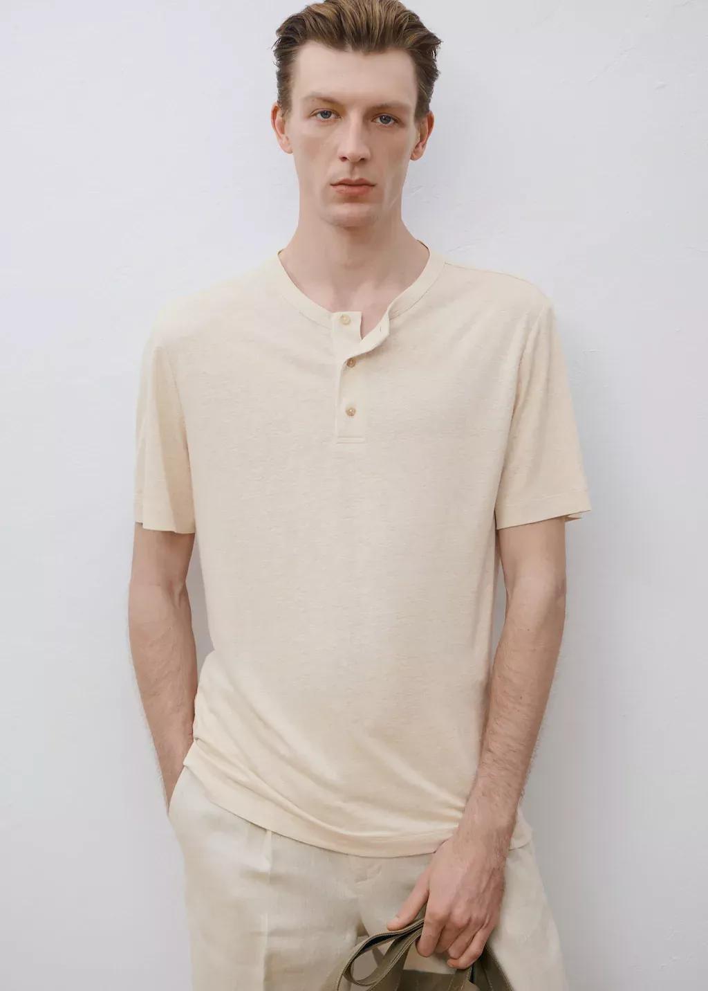 Beige Button Linen Blend T-Shirt, , large image number 7