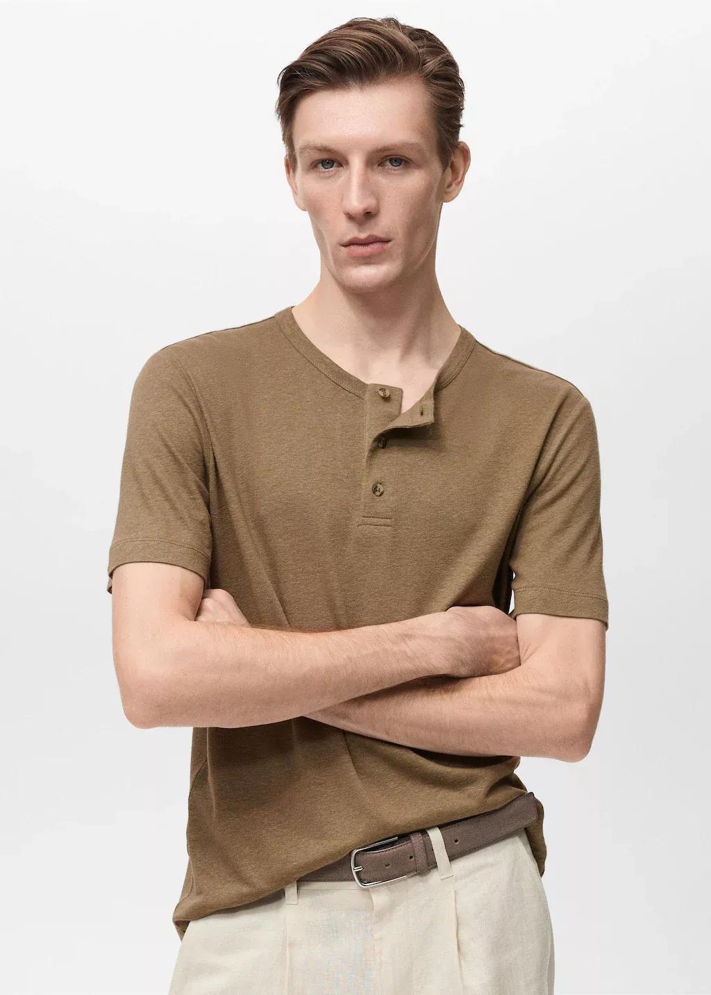 Khaki Button Linen Blend T-Shirt, , large image number 0