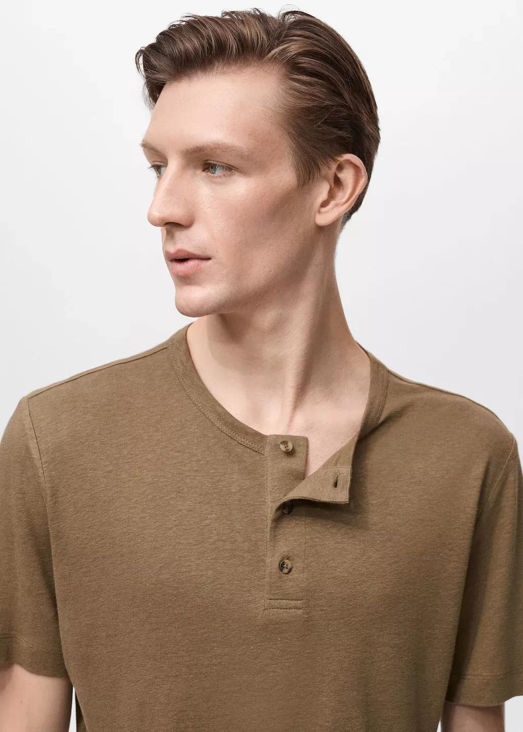 Khaki Button Linen Blend T-Shirt, , large image number 1