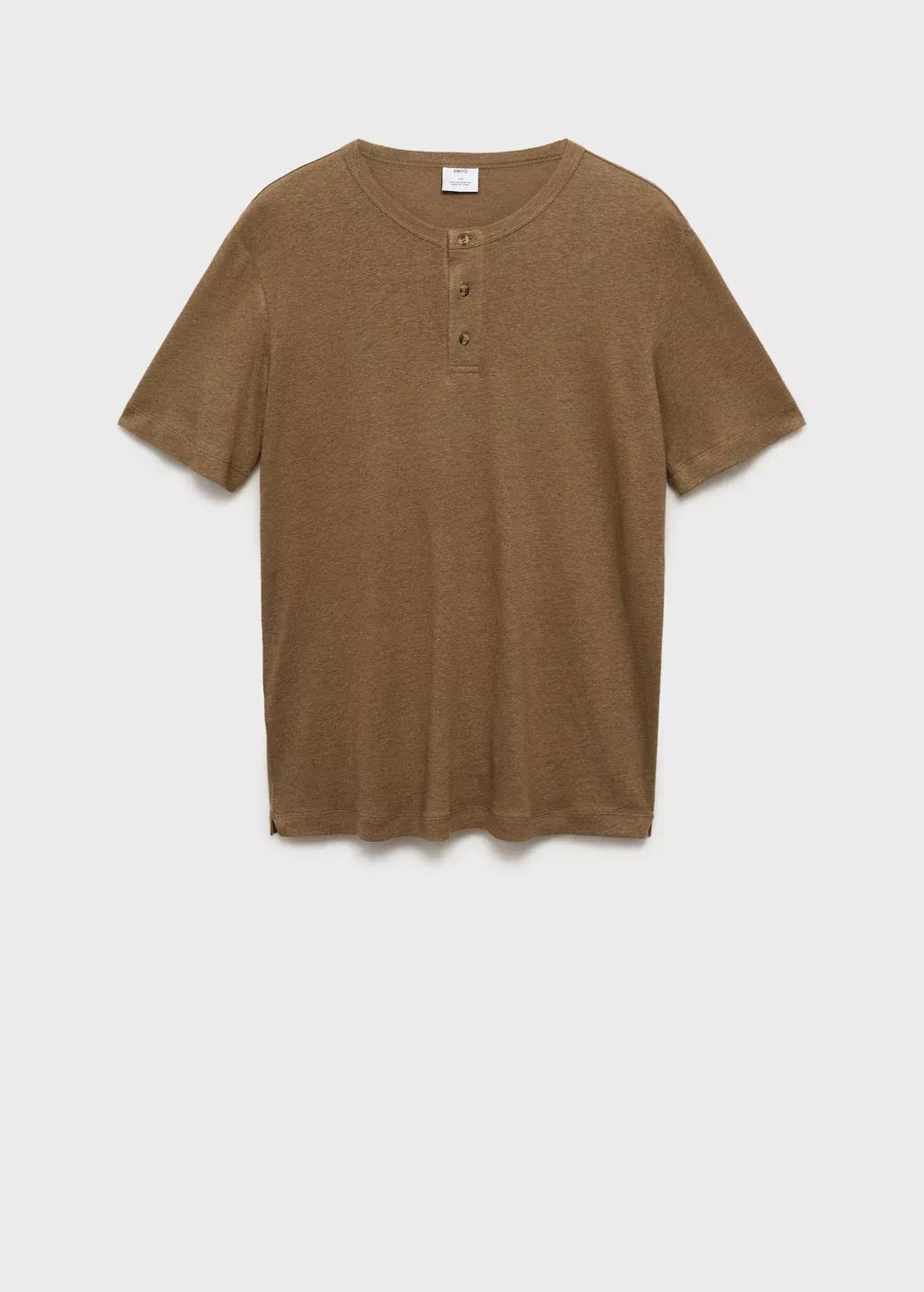 Khaki Button Linen Blend T-Shirt, , large image number 3