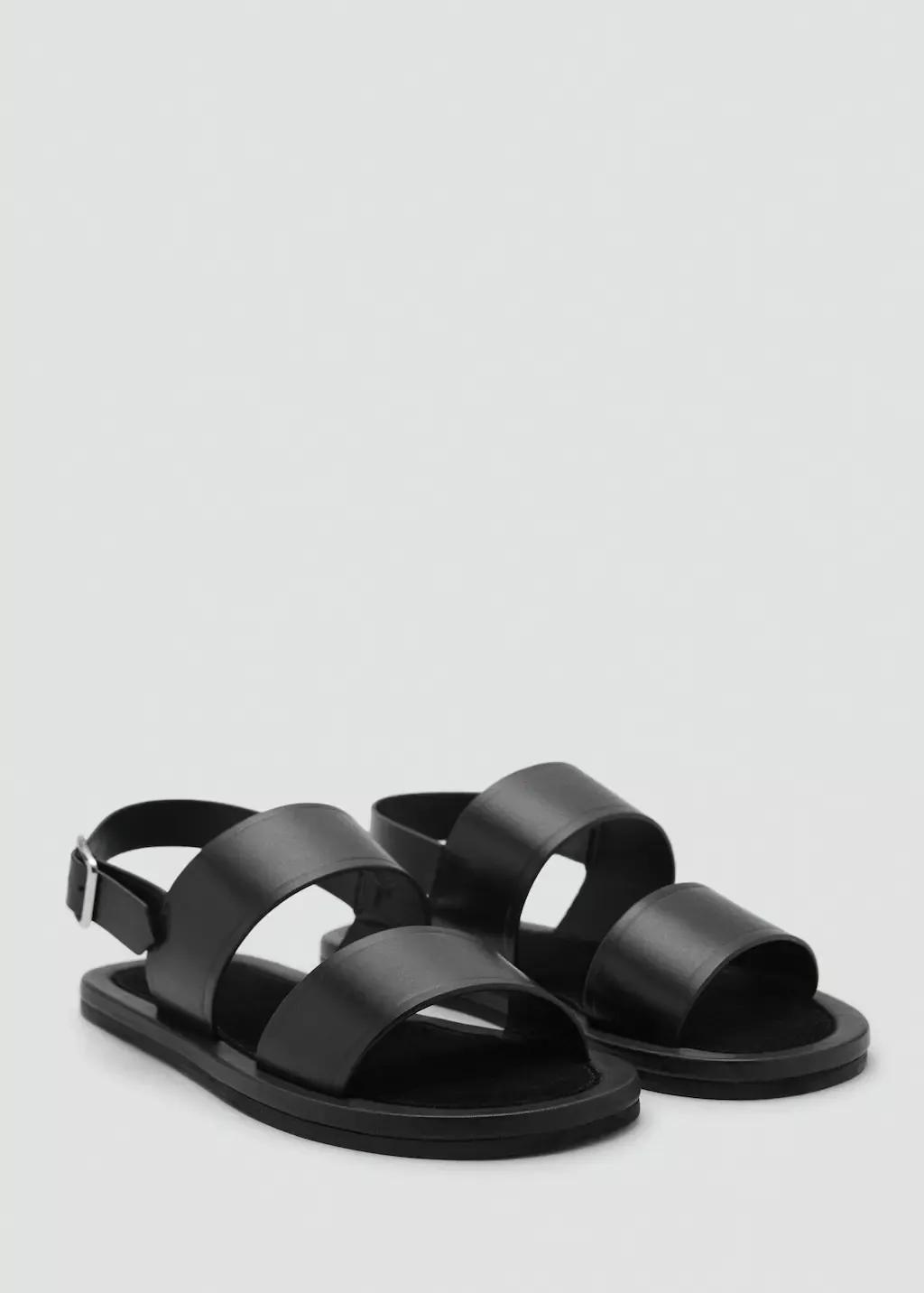 Black Leather Strap Sandals, , medium