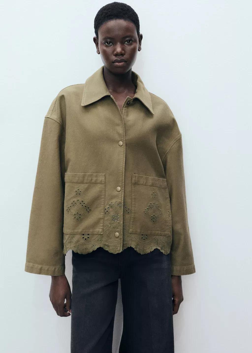Khaki Cotton Overshirt With Openwork Details, , medium
