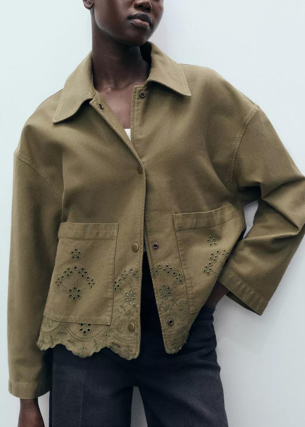 Khaki Cotton Overshirt With Openwork Details, , large image number 2