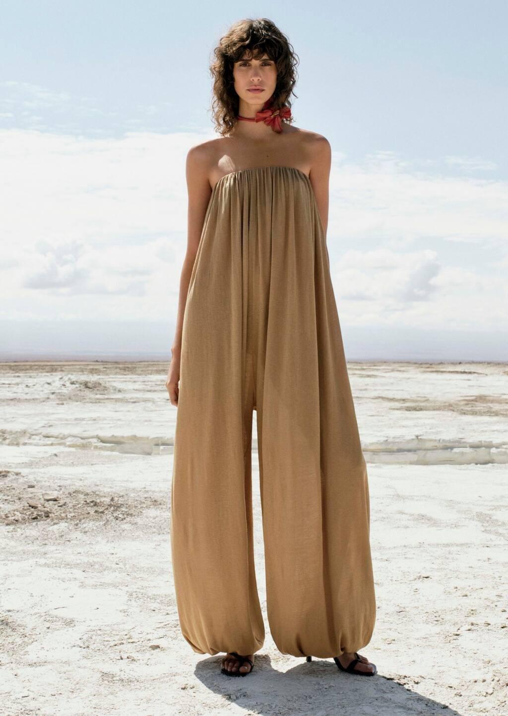 LIGHT BEIGE Strapless jumpsuit with puffed hem, , large image number 5