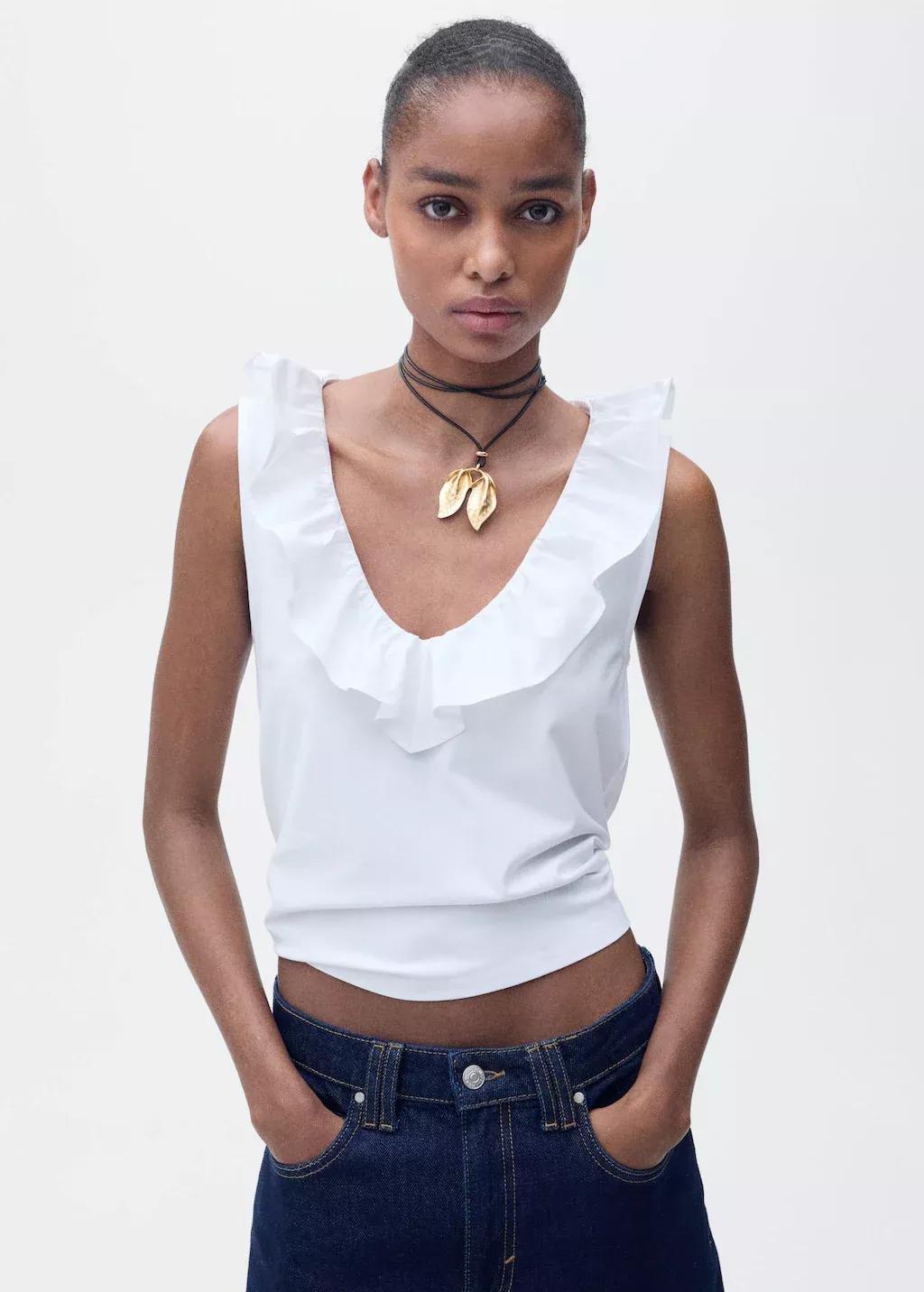 White Cotton Top With Ruffles, White, large image number 0