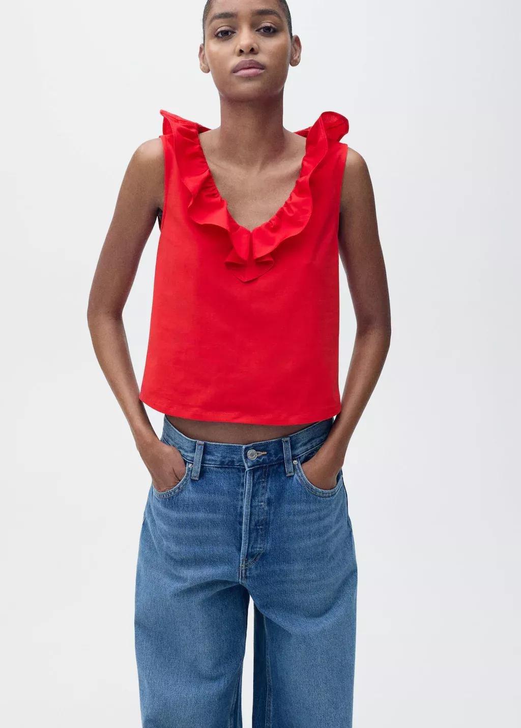 RED Cotton top with ruffles, , large image number 0