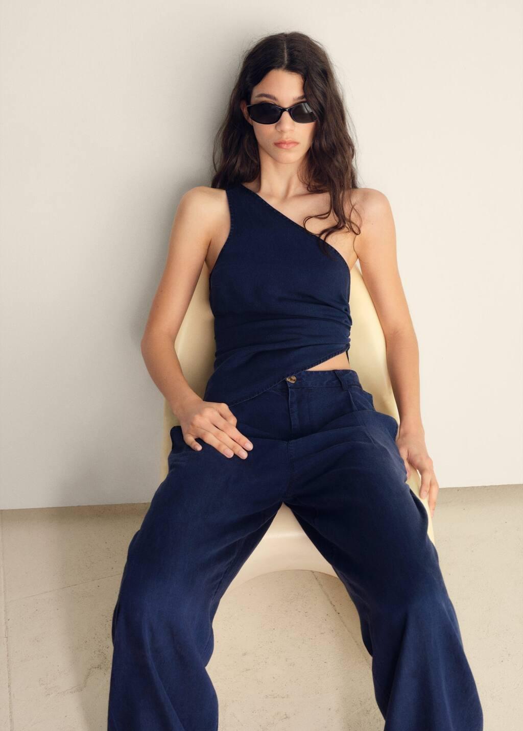 Blue Denim-Effect Top With Gathered Side, , large image number 1