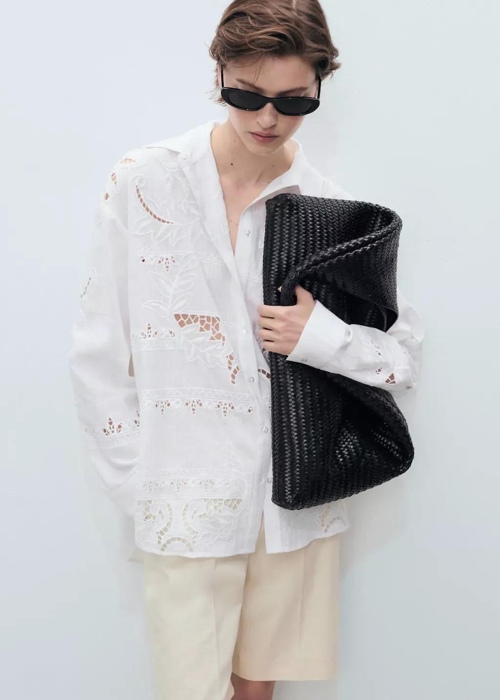 NATURAL WHITE Oversized embroidered shirt, , large image number 0