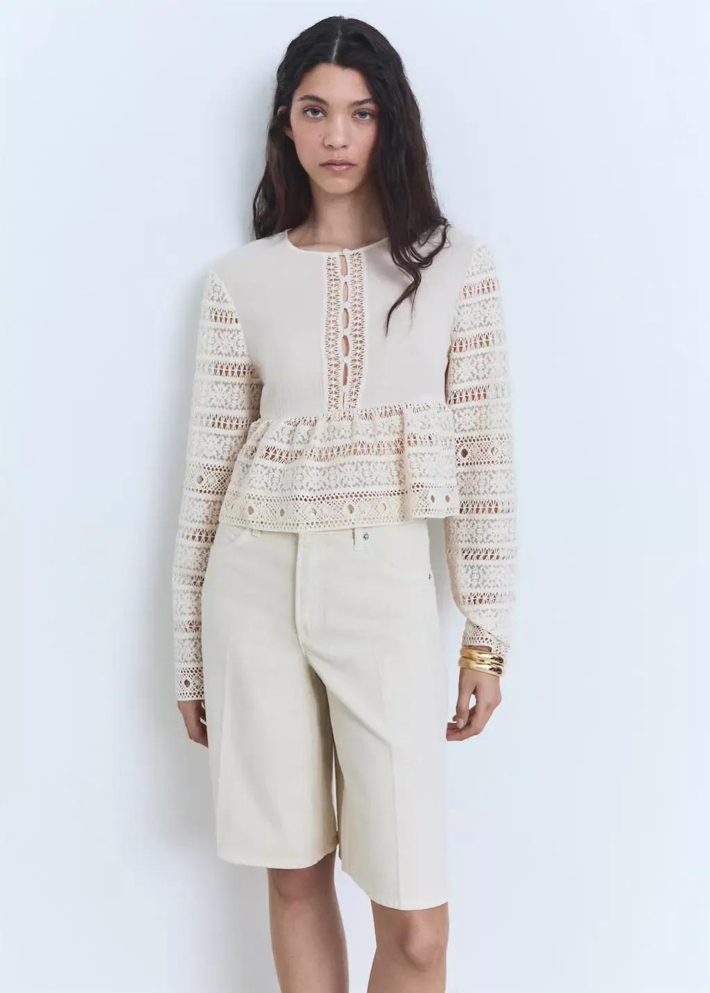 White Embroidered Cotton Blouse With Openwork Details, , large image number 0