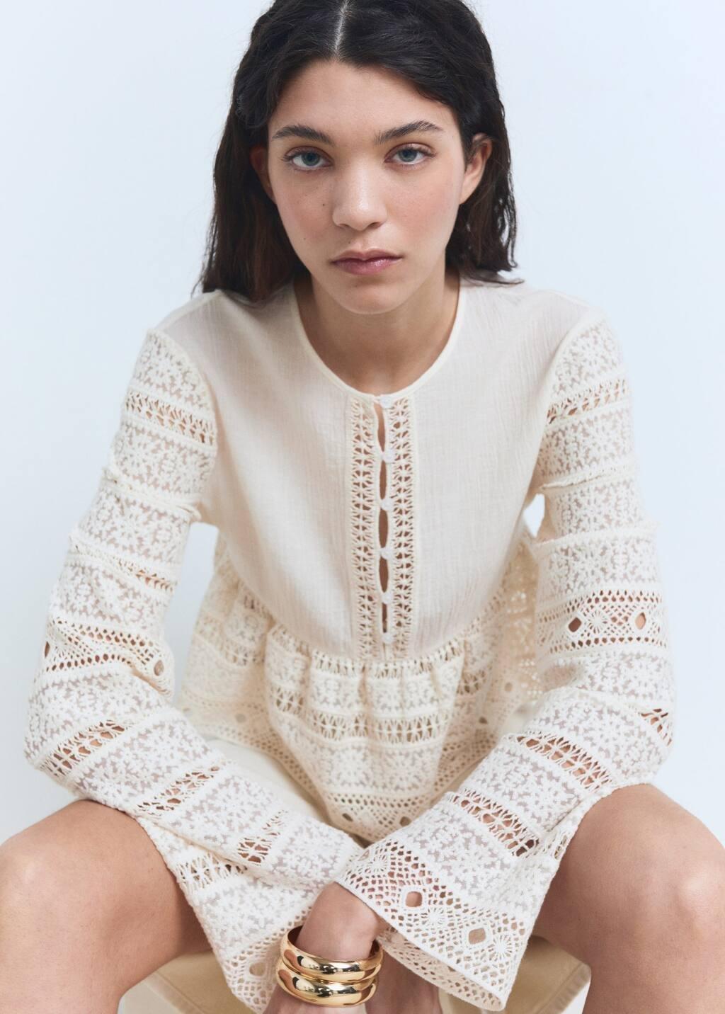 White Embroidered Cotton Blouse With Openwork Details, , large image number 2