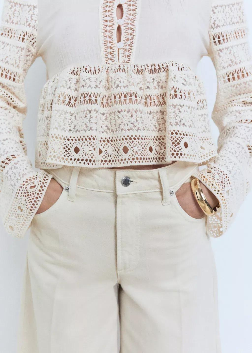 White Embroidered Cotton Blouse With Openwork Details, , large image number 4