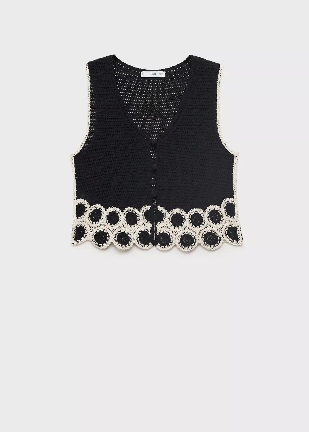 Black Circular-Print Crochet Waistcoat, , large image number 4