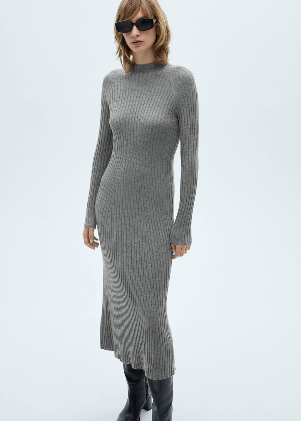 Grey Flared Knit Dress With Perkins Collar, , large image number 0