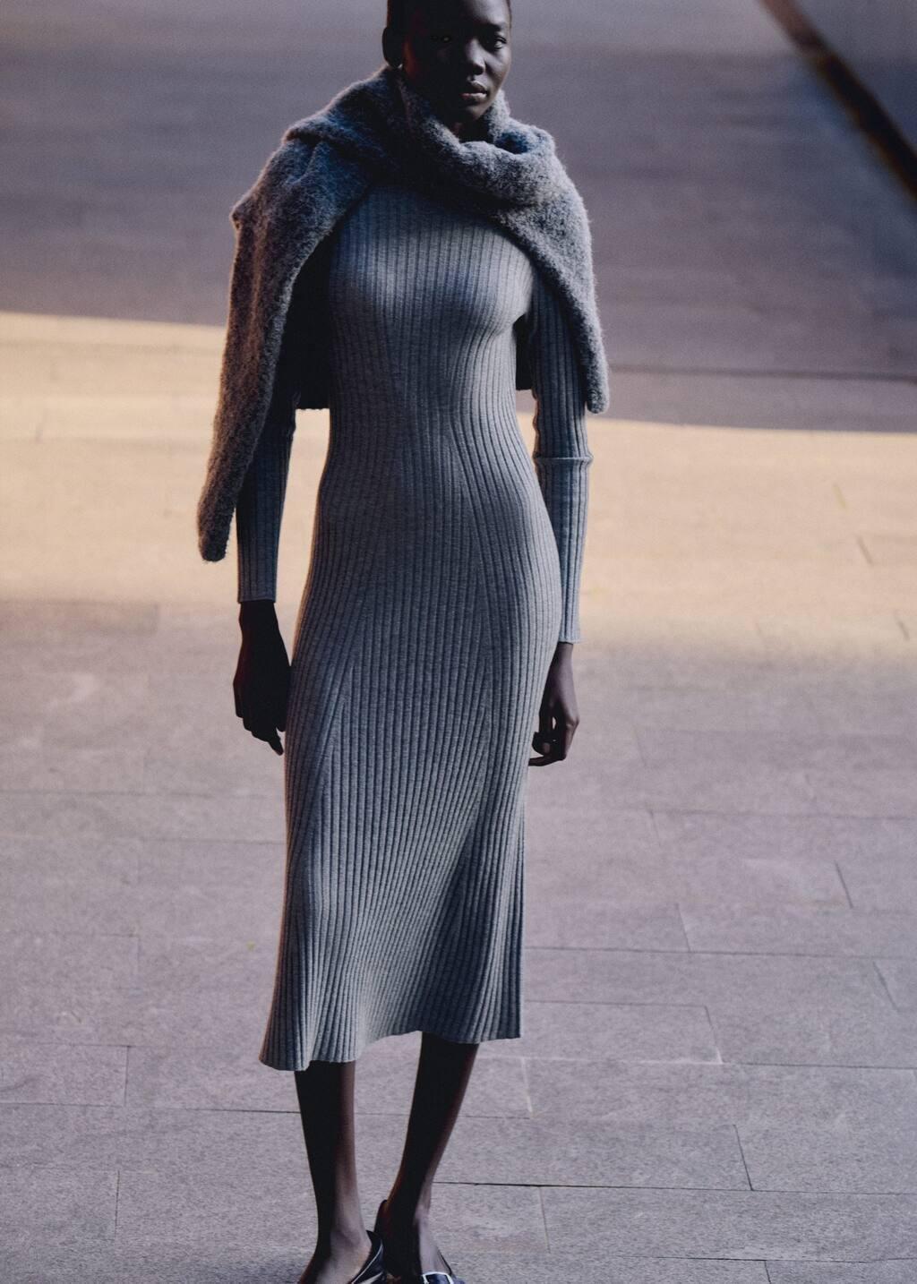 Grey Flared Knit Dress With Perkins Collar, , large image number 6